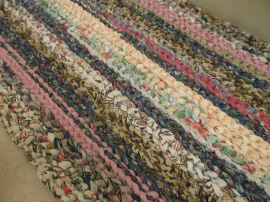 Hand Crocheted Rag Rug Bath Mat 18 by 25 inches Muted Beige Blue and Pink
