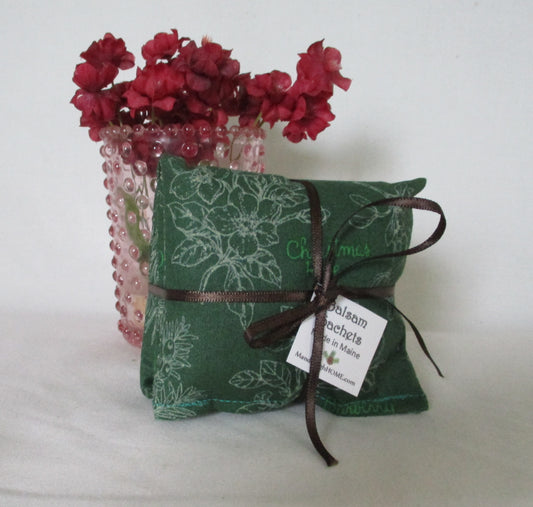 Maine Balsam Fir or Lavender Sachet set of 3 Green and White Print with Mistletoe, Holly Berry, Assorted Christmas plants