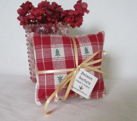 Maine Balsam Fir Sachet set of 3 Green Red and Beige Pine Tree Homespun Fabric Ready to Ship