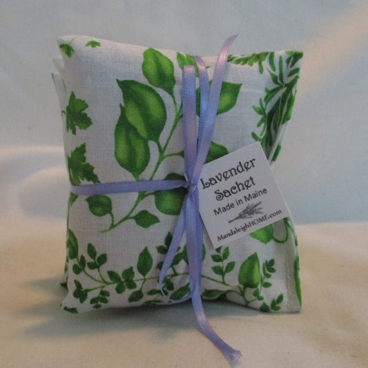 Set of 3 Sachets with Nature Theme Fabric Balsam or Lavender Party Favor Gift Green Leaves Herbes de Provence
