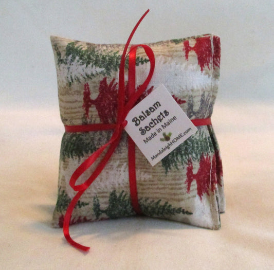Pine Tree on Faux Bois Print Fabric Sachet Set of 3 in Balsam or Lavender Ready to Ship