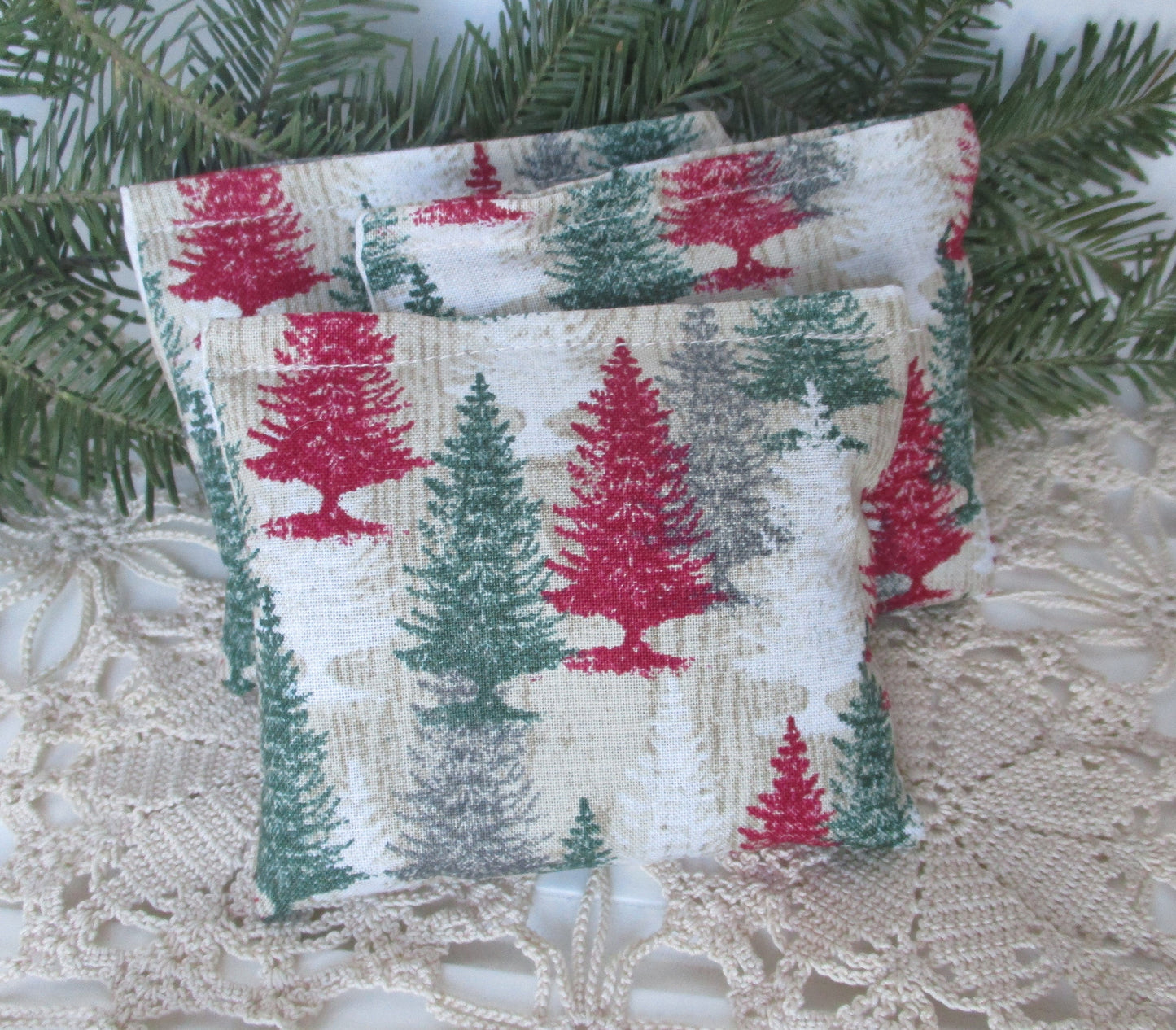 Pine Tree on Faux Bois Print Fabric Sachet Set of 3 in Balsam or Lavender Ready to Ship