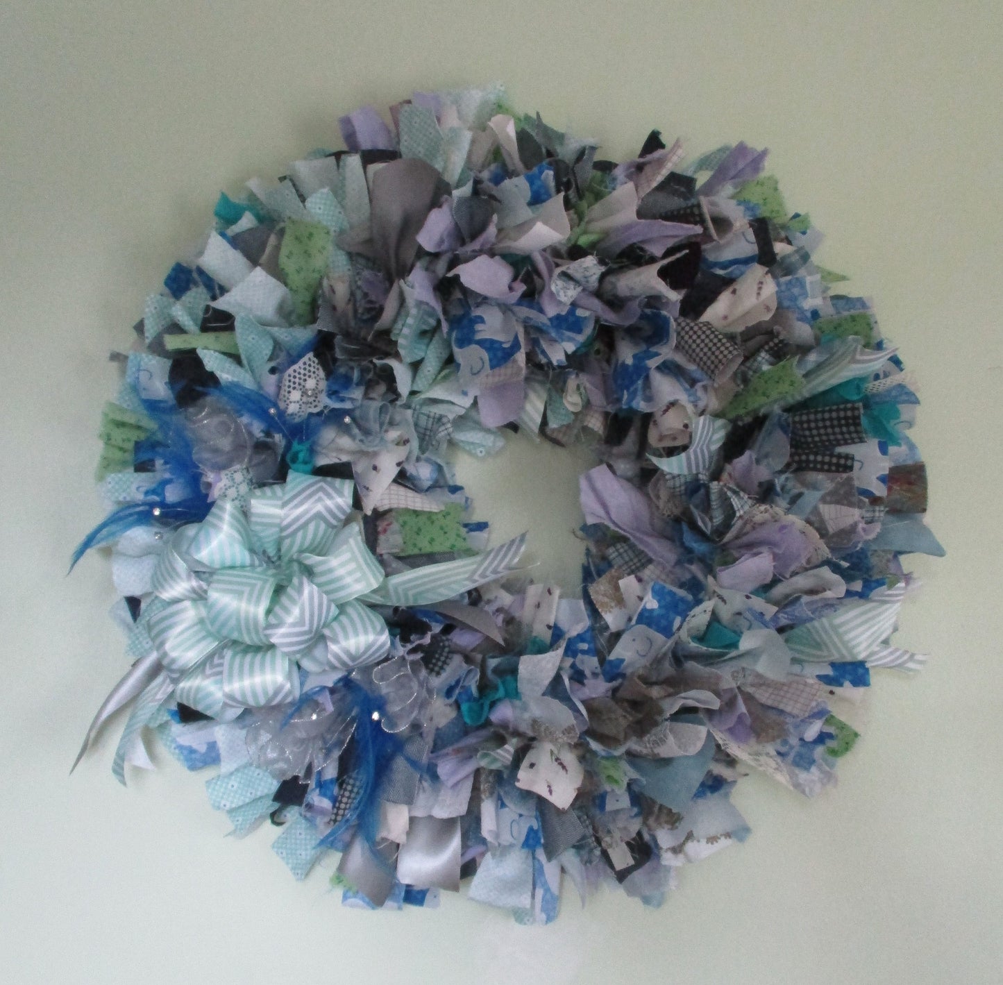 Blue Grey Purple and Pastel Green Rag Wreath with Blue Feathers and Rhinestone Accents