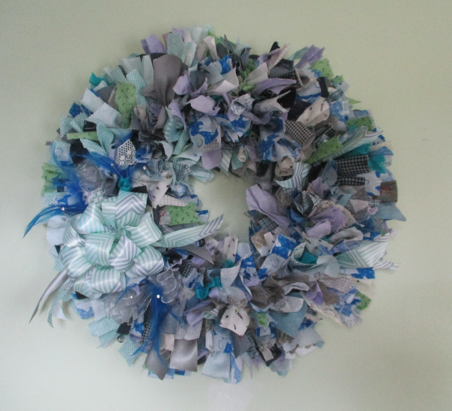 Blue Grey Purple and Pastel Green Rag Wreath with Blue Feathers and Rhinestone Accents