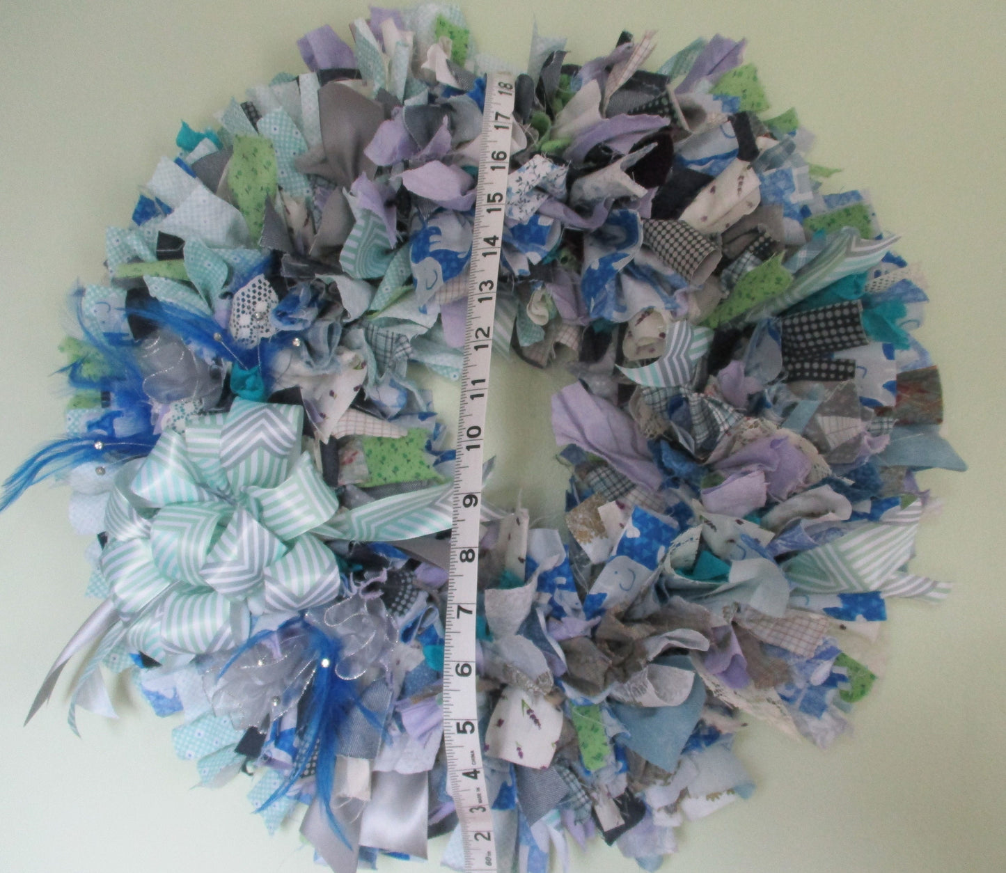 Blue Grey Purple and Pastel Green Rag Wreath with Blue Feathers and Rhinestone Accents