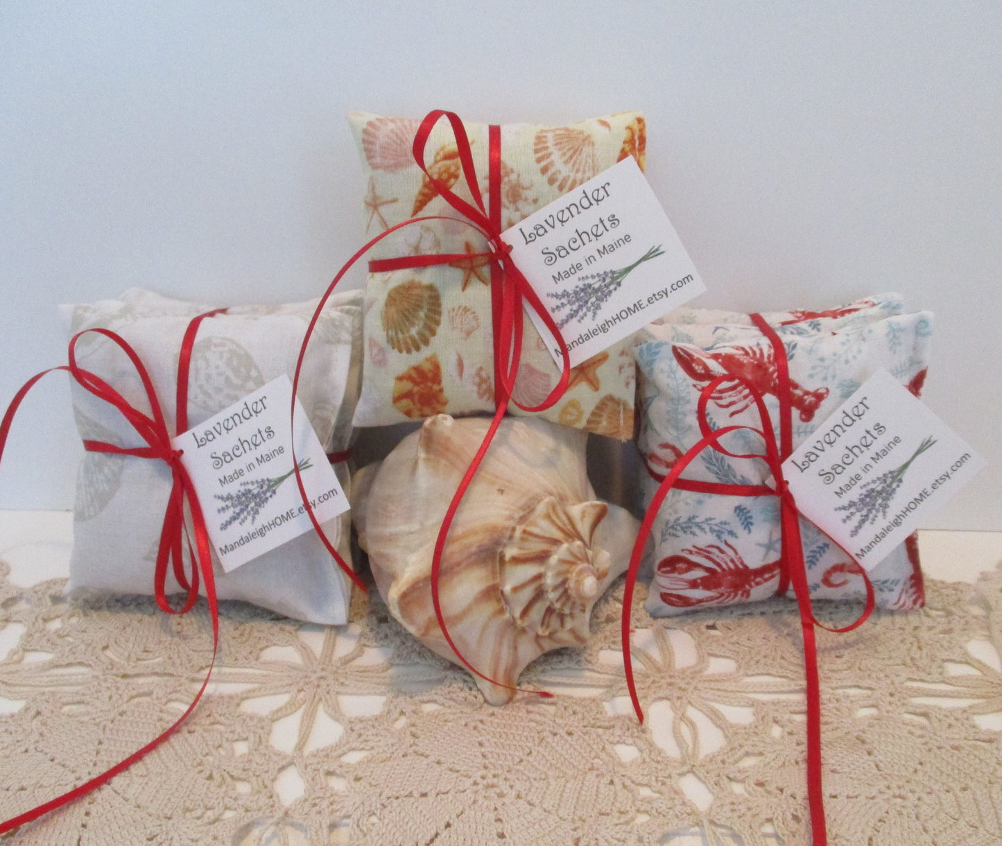 Wholesale Bulk order of 75 individual or 25 Sets of 3 Lavender Balsam or Cedar Sachets Nautical Theme Ocean Seashells Lobster Beach Favor