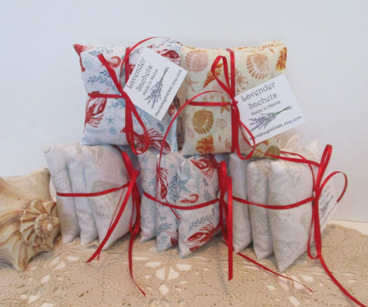 Wholesale Bulk order of 75 individual or 25 Sets of 3 Lavender Balsam or Cedar Sachets Nautical Theme Ocean Seashells Lobster Beach Favor