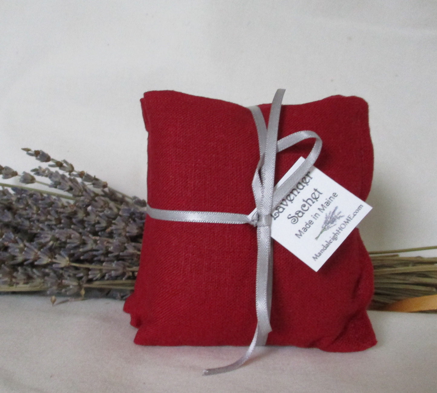 Natural White, Mustard Yellow, Burgundy Red or Coffee Brown Homespun Style Linen Blend Fabric Sachet Set of 3 in Balsam or Lavender