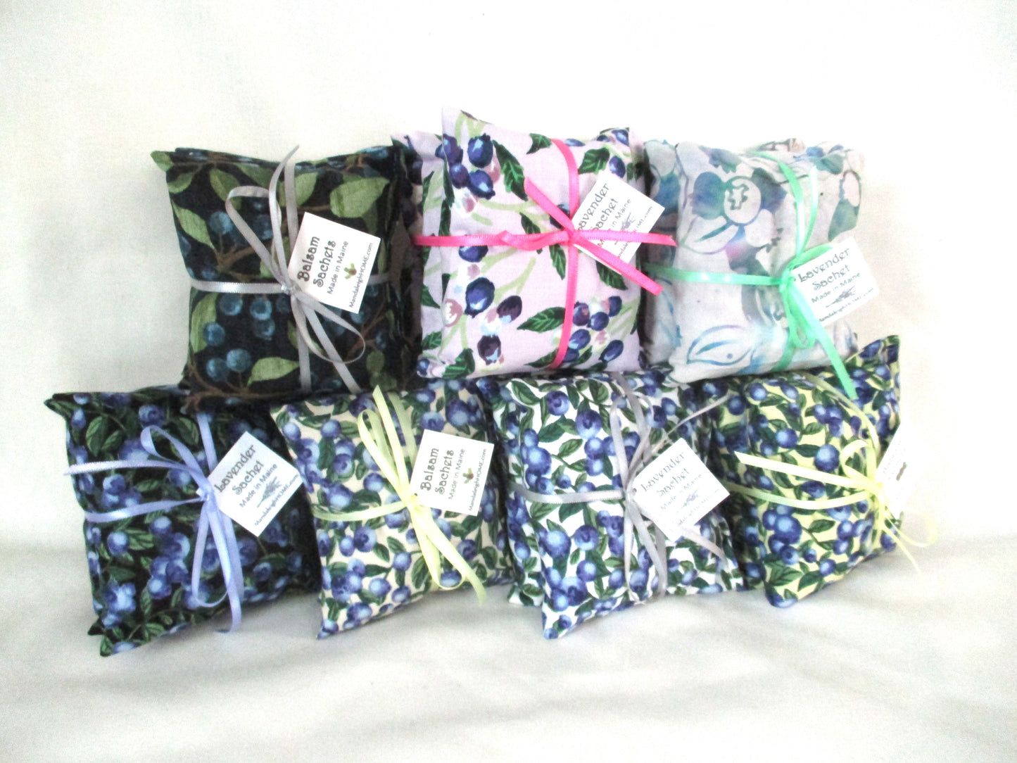 Wholesale Bulk order of 75 individual or 25 Sets of 3 Balsam or Lavender Sachets with Blueberry Theme