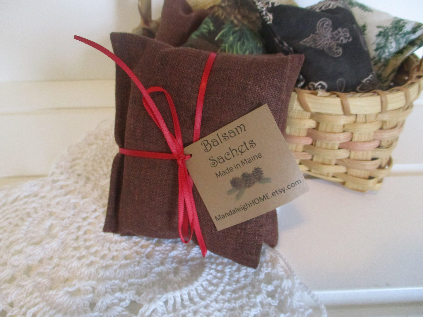 Natural White, Mustard Yellow, Burgundy Red or Coffee Brown Homespun Style Linen Blend Fabric Sachet Set of 3 in Balsam or Lavender