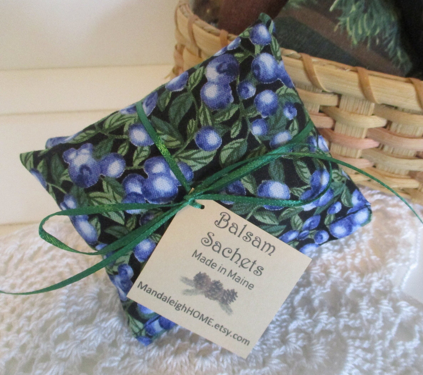 Maine Balsam Fir Sachet set of 3 Blueberry Fabric Black Cream or White Background Ready to Ship