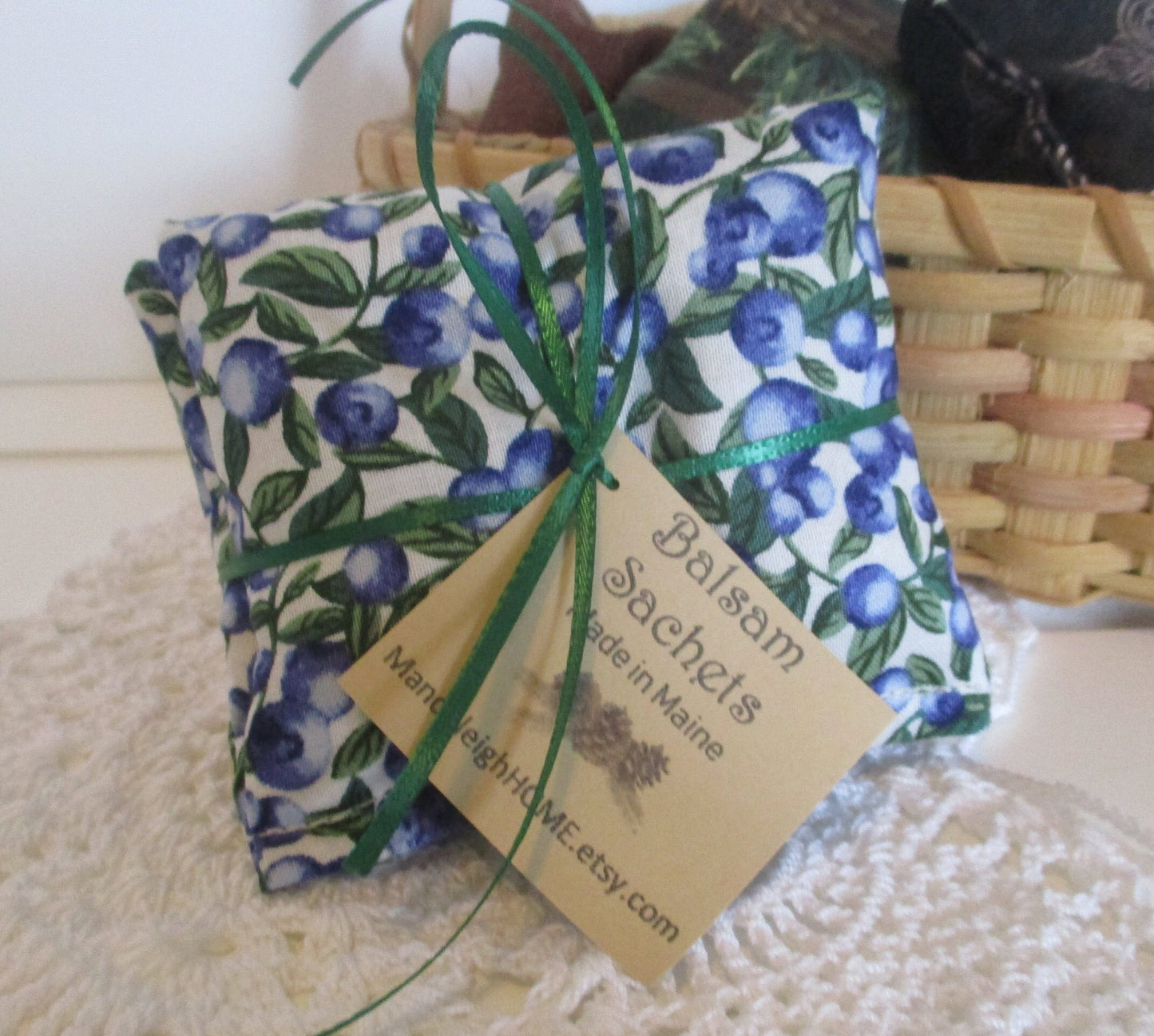 Maine Balsam Fir Sachet set of 3 Blueberry Fabric Black Cream or White Background Ready to Ship