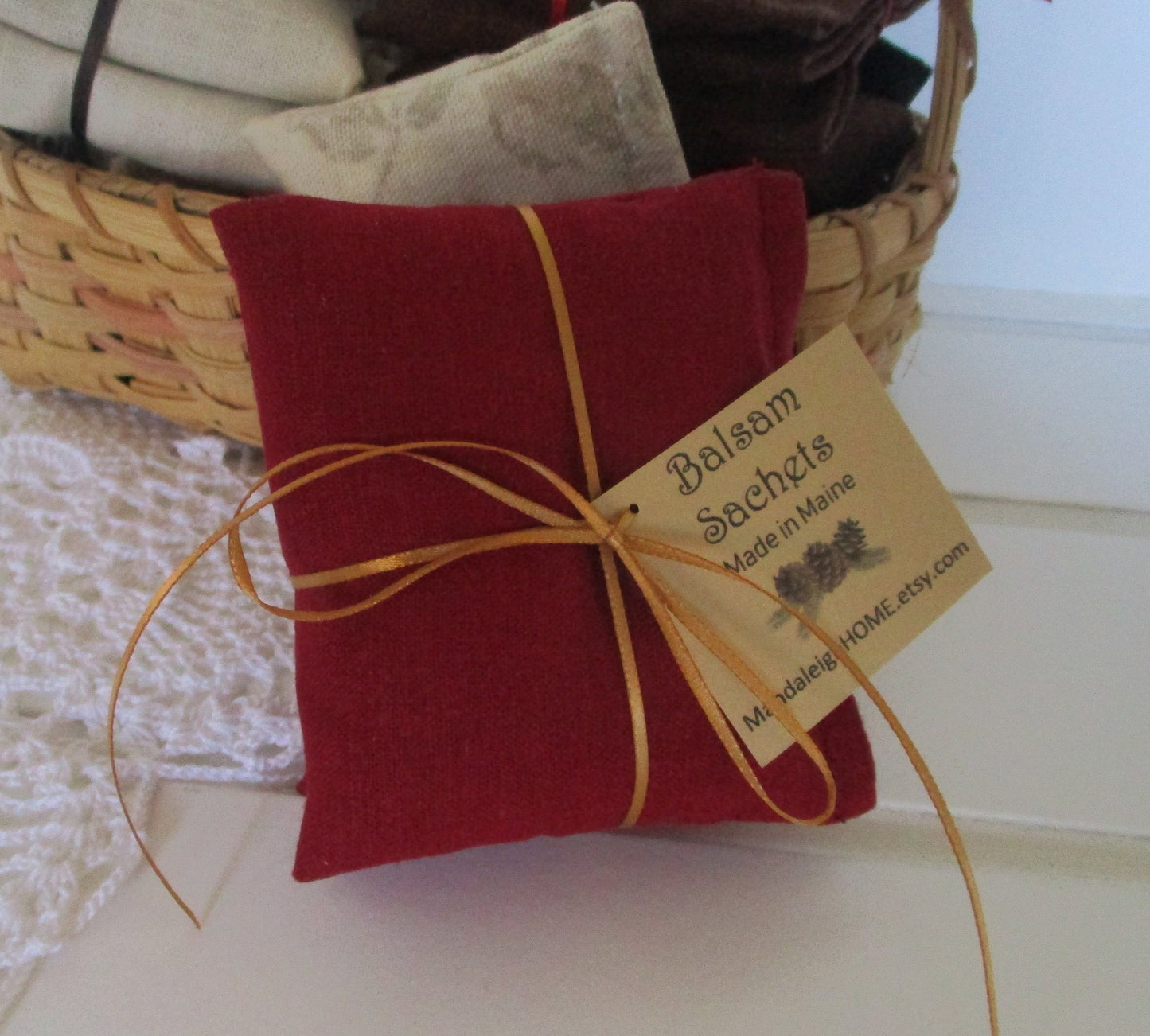 Natural White, Mustard Yellow, Burgundy Red or Coffee Brown Homespun Style Linen Blend Fabric Sachet Set of 3 in Balsam or Lavender