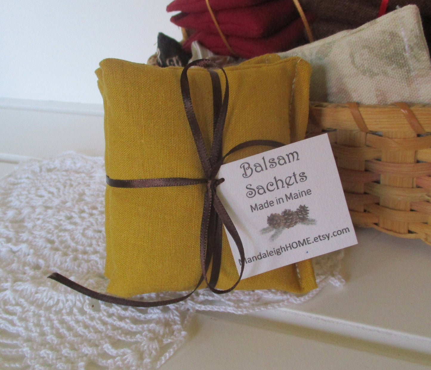 Natural White, Mustard Yellow, Burgundy Red or Coffee Brown Homespun Style Linen Blend Fabric Sachet Set of 3 in Balsam or Lavender