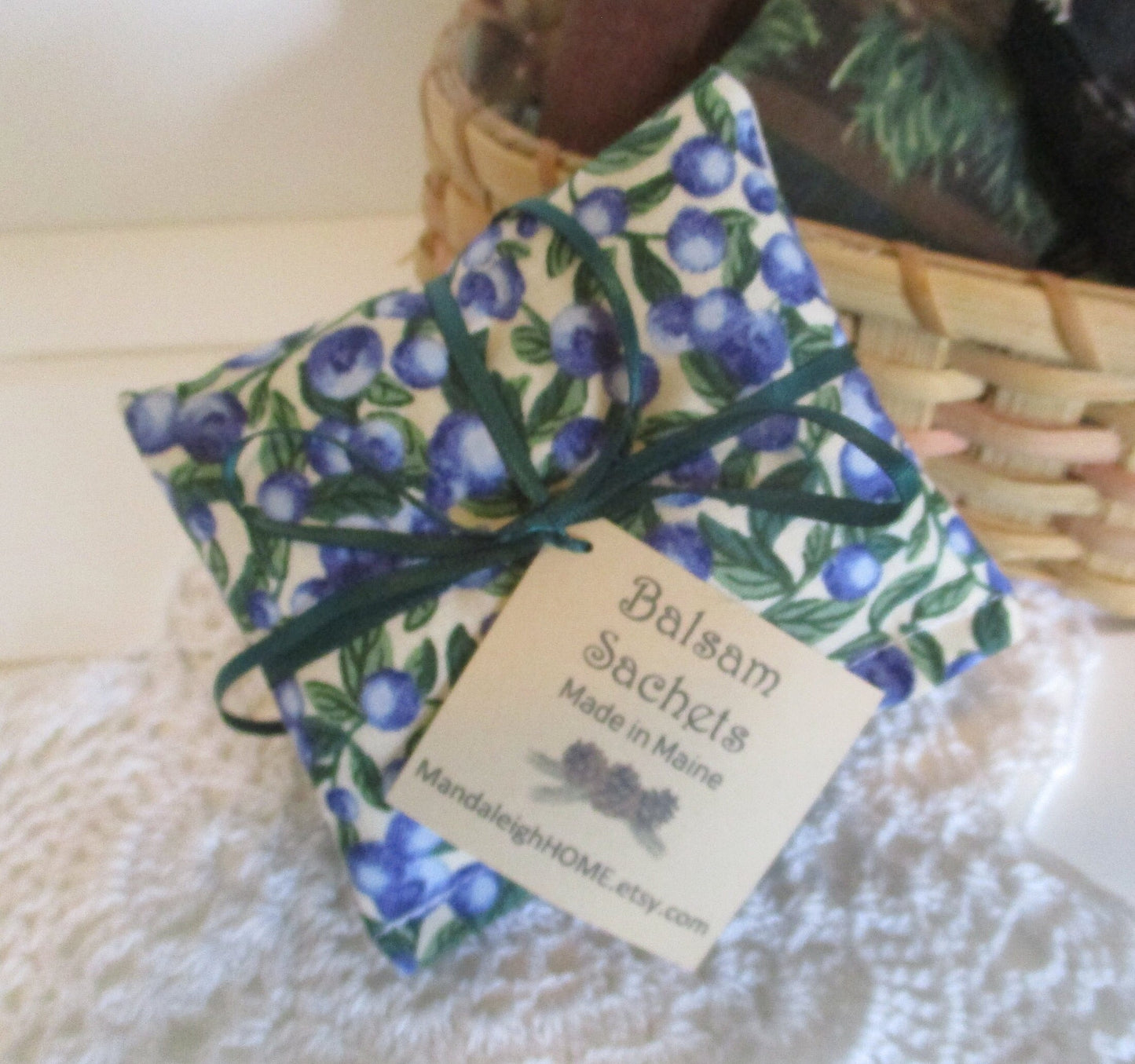 Maine Balsam Fir Sachet set of 3 Blueberry Fabric Black Cream or White Background Ready to Ship