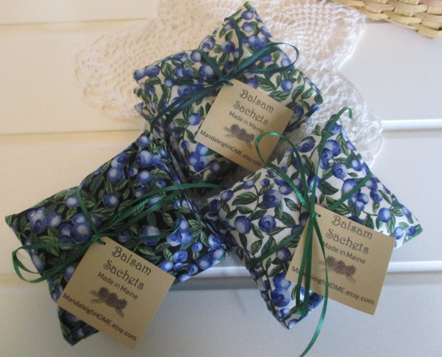 Maine Balsam Fir Sachet set of 3 Blueberry Fabric Black Cream or White Background Ready to Ship