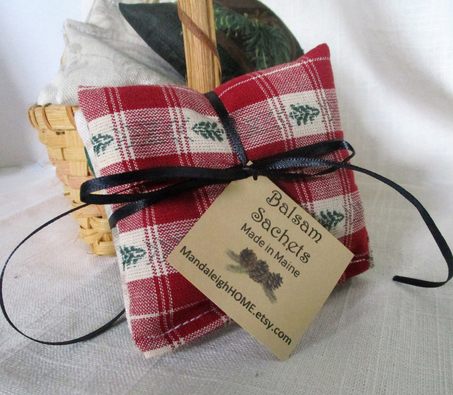 Maine Balsam Fir Sachet set of 3 Green Red and Beige Pine Tree Homespun Fabric Ready to Ship