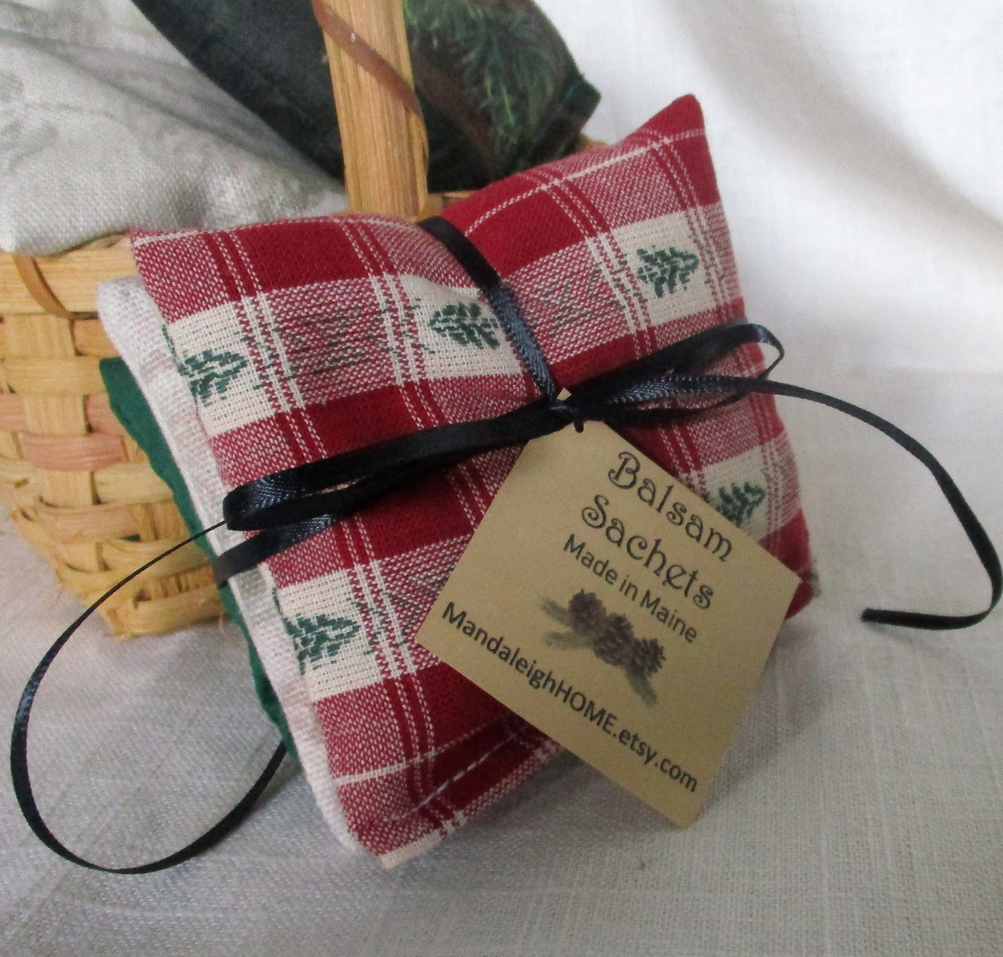 Maine Balsam Fir Sachet set of 3 Green Red and Beige Pine Tree Homespun Fabric Ready to Ship