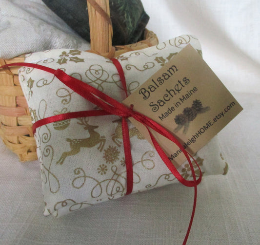 Maine Balsam Fir Nordic Reindeer Gold and White Sachet Set of 3 Balsam Pine or Lavender Ready to Ship