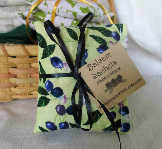 Maine Balsam Fir Sachet set of 3 Blueberry Fabric Ready to Ship