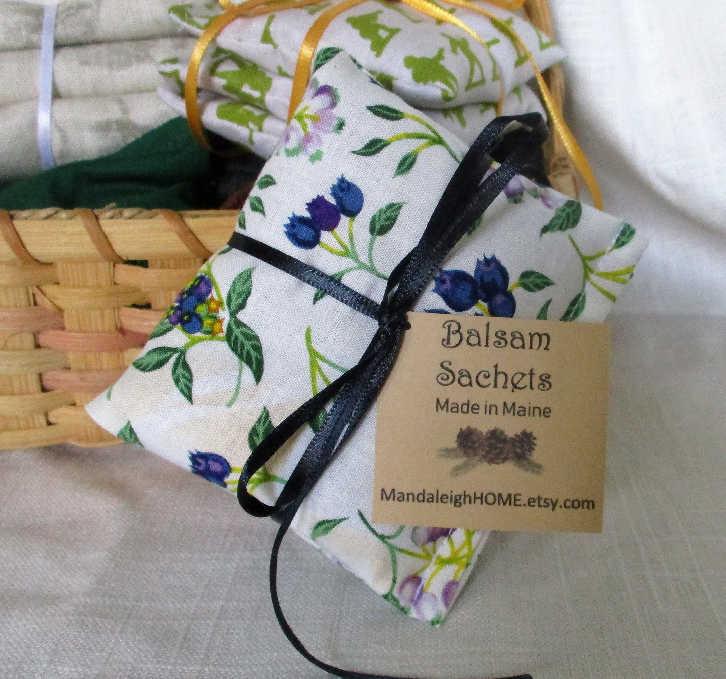 Maine Balsam Fir Sachet set of 3 Blueberry Fabric Ready to Ship