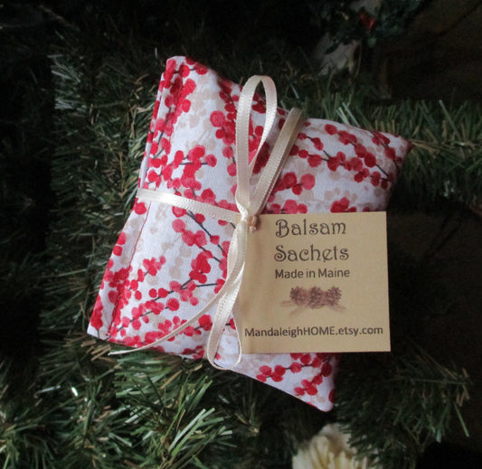 Maine Balsam Fir Red Berries on Branch Sachet Set of 3 Pine Scent Ready to Ship