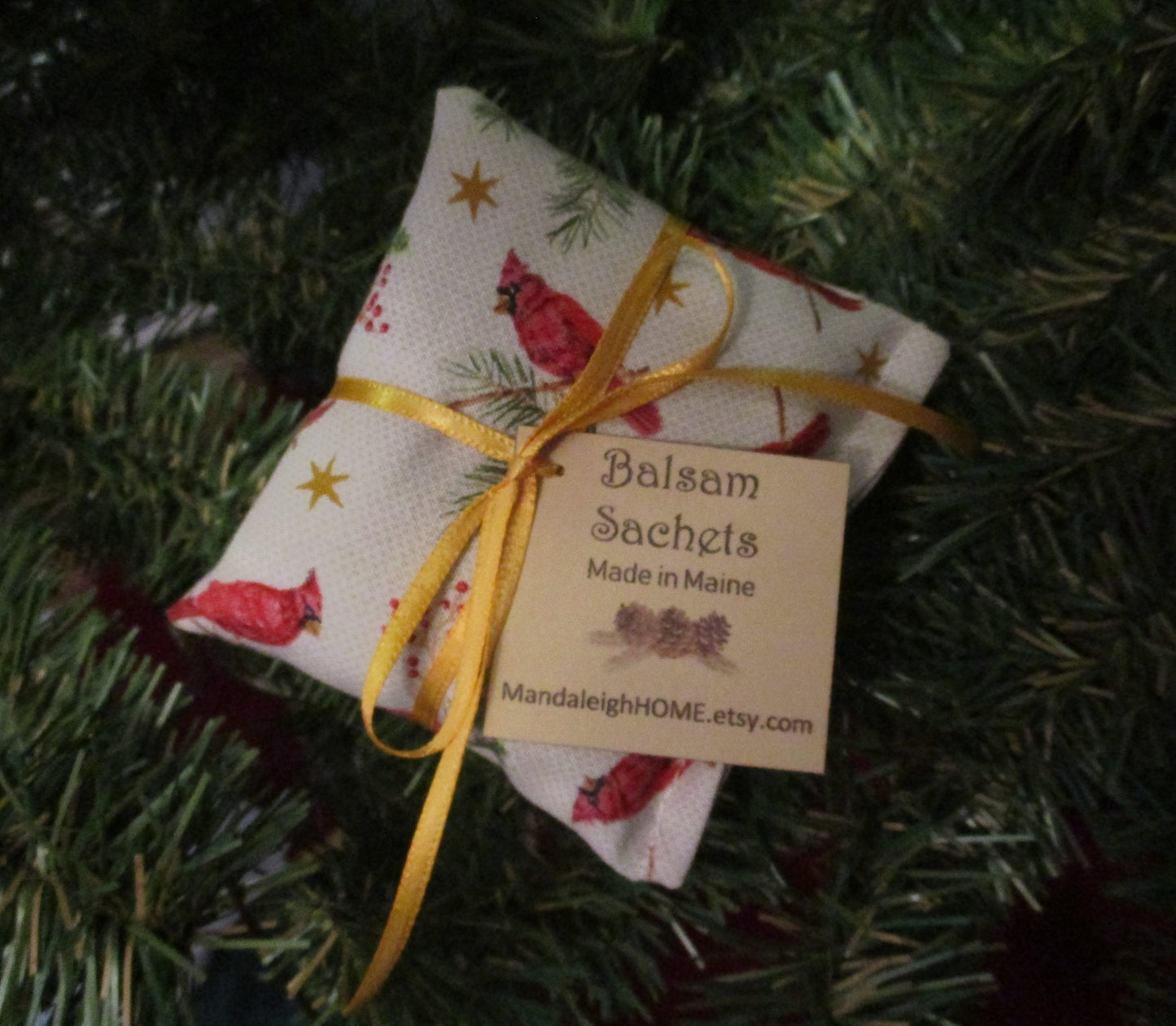 Lavender or Maine Balsam Fir Sachet set of 3 Cardinals with Star, Evergreen and Holly and Ivy Berries Ready to Ship