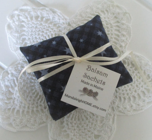 Lavender or Balsam Sachets with Gray Stars on Blue and Black plaid in Set of 3 Free Shipping Ready to Ship