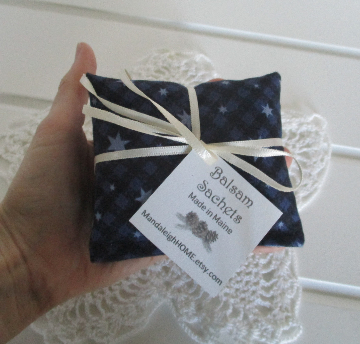 Lavender or Balsam Sachets with Gray Stars on Blue and Black plaid in Set of 3 Free Shipping Ready to Ship