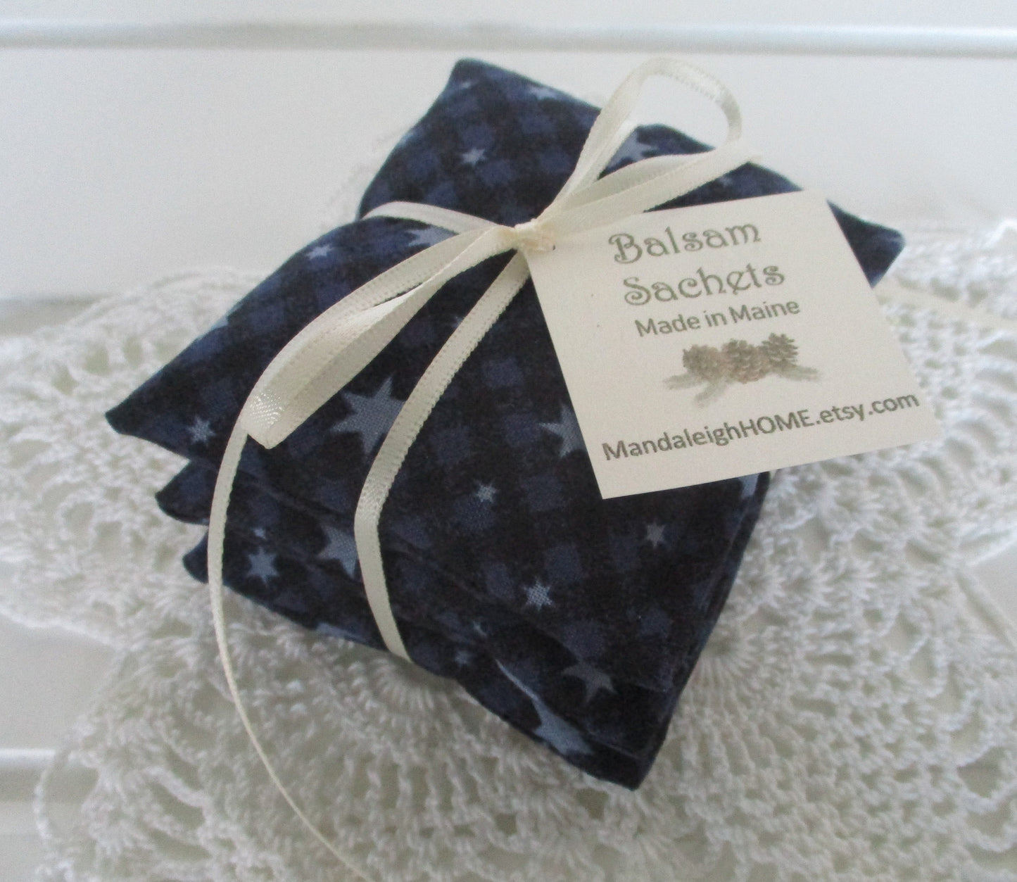 Lavender or Balsam Sachets with Gray Stars on Blue and Black plaid in Set of 3 Free Shipping Ready to Ship