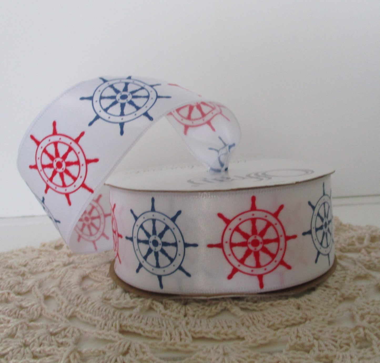 Wired White Satin Ribbon with Red and Blue Helm or Ships Wheel design 1 1/2 inch wide