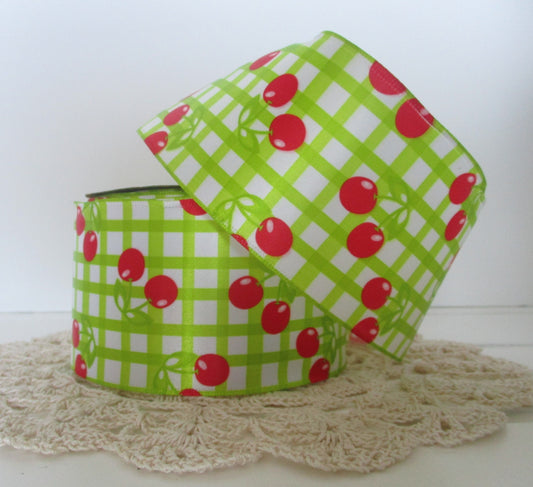 Wired Ribbon Red Cherries on Green Gingham Check