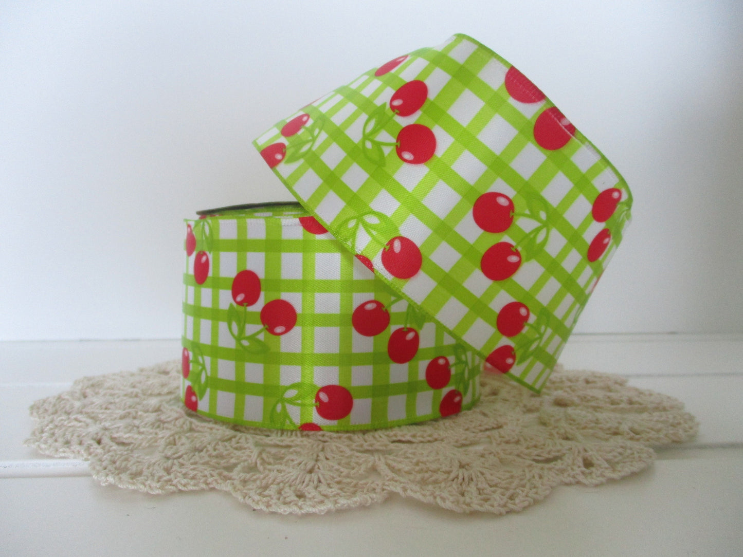 Wired Ribbon Red Cherries on Green Gingham Check