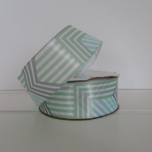 Sea Green and Grey Graphic Design on Wired Ribbon 1.5 inches by the yard