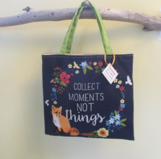 Blue Bag with Saying Collect Moments not Things, Sparkle, Fox, Dove