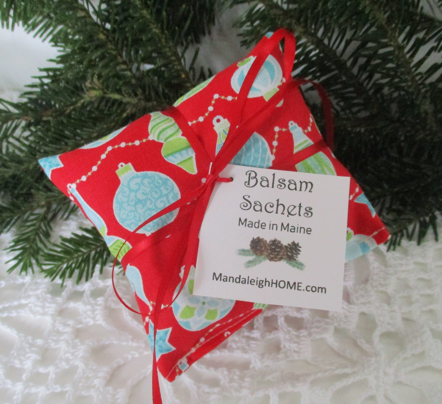 Maine Balsam Sachet Set of 3 Retro Turquoise and Light Green Ornaments on Red Background, Ready to Ship