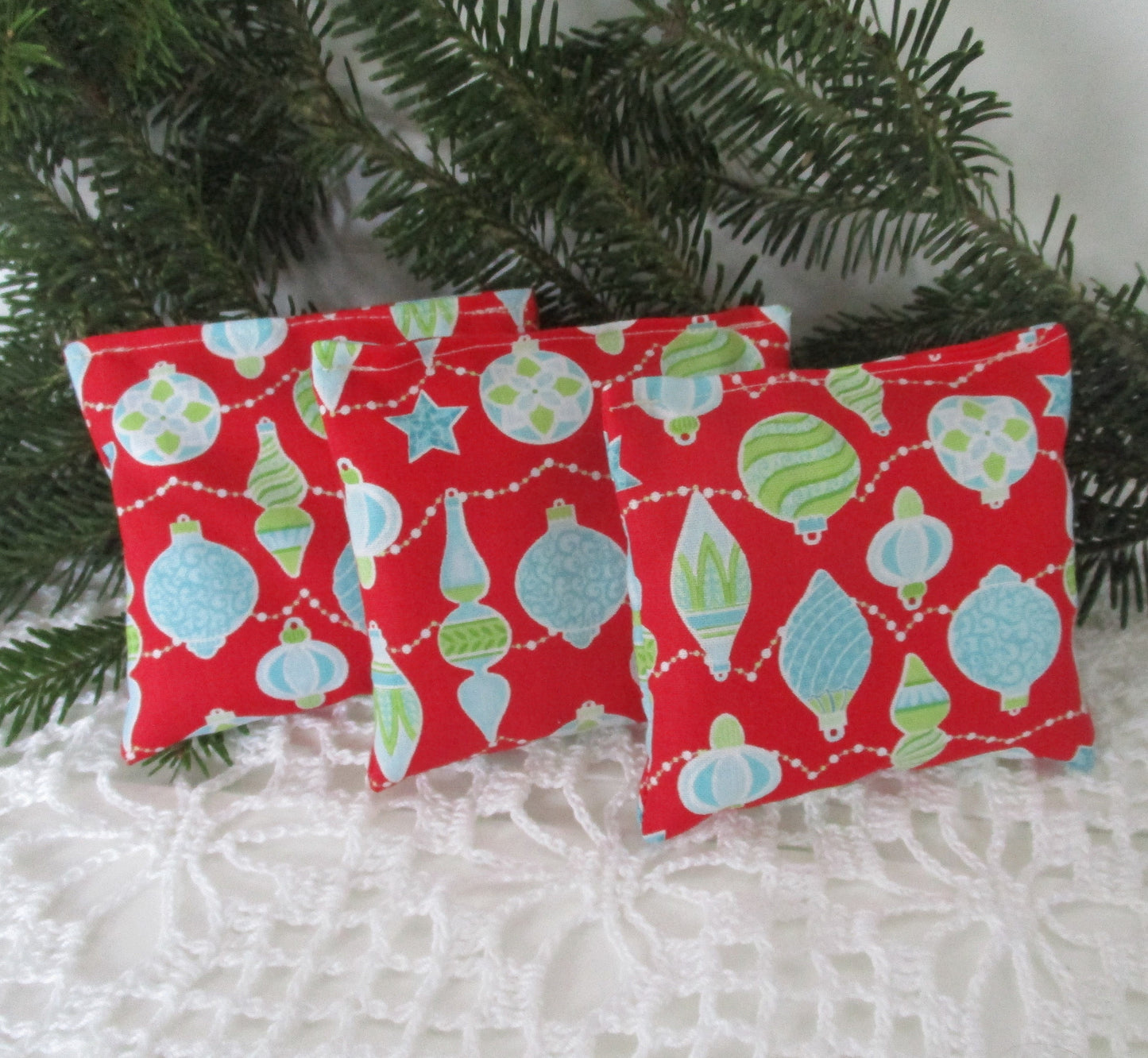 Maine Balsam Sachet Set of 3 Retro Turquoise and Light Green Ornaments on Red Background, Ready to Ship