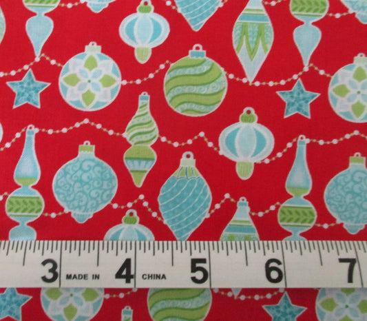 Bright Christmas Ornaments on Red background Quilting Fabric Fat Quarter or By the Yard 100% Cotton