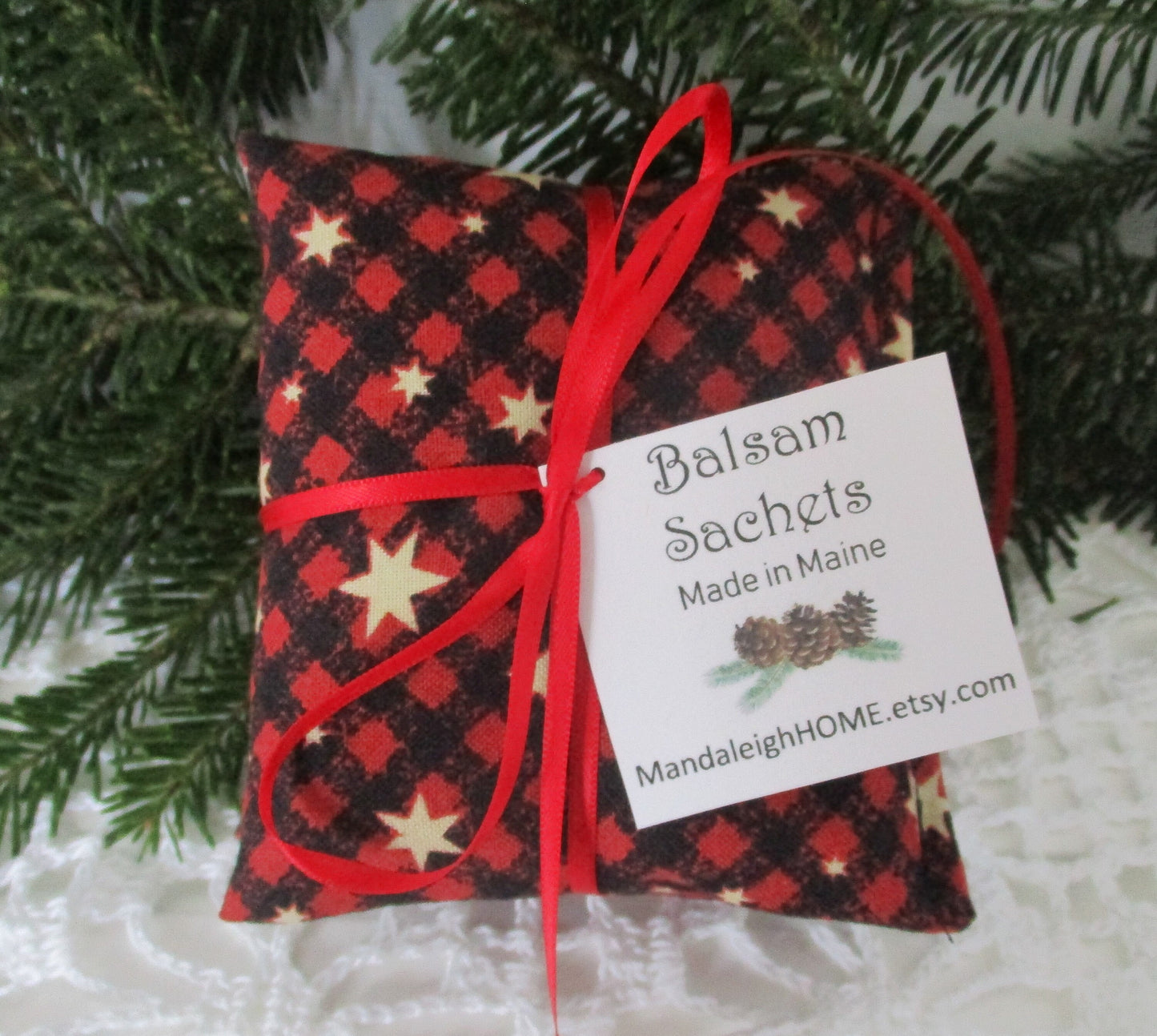 Maine Balsam Fir Buffalo Check Christmas Plaid Black and Red  Sachet Set of 3 Pine or Lavender Ready to Ship