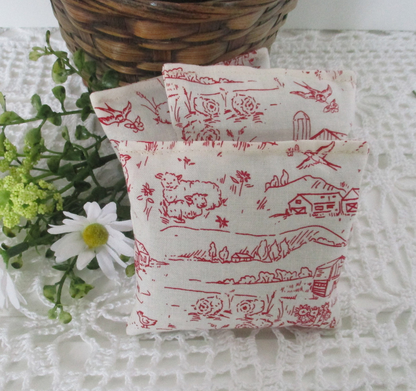 Maine Balsam Fir, Lavender or Cedar Sachet set of 3 Farm Scene with Barn, Horses, Sheep, Birds