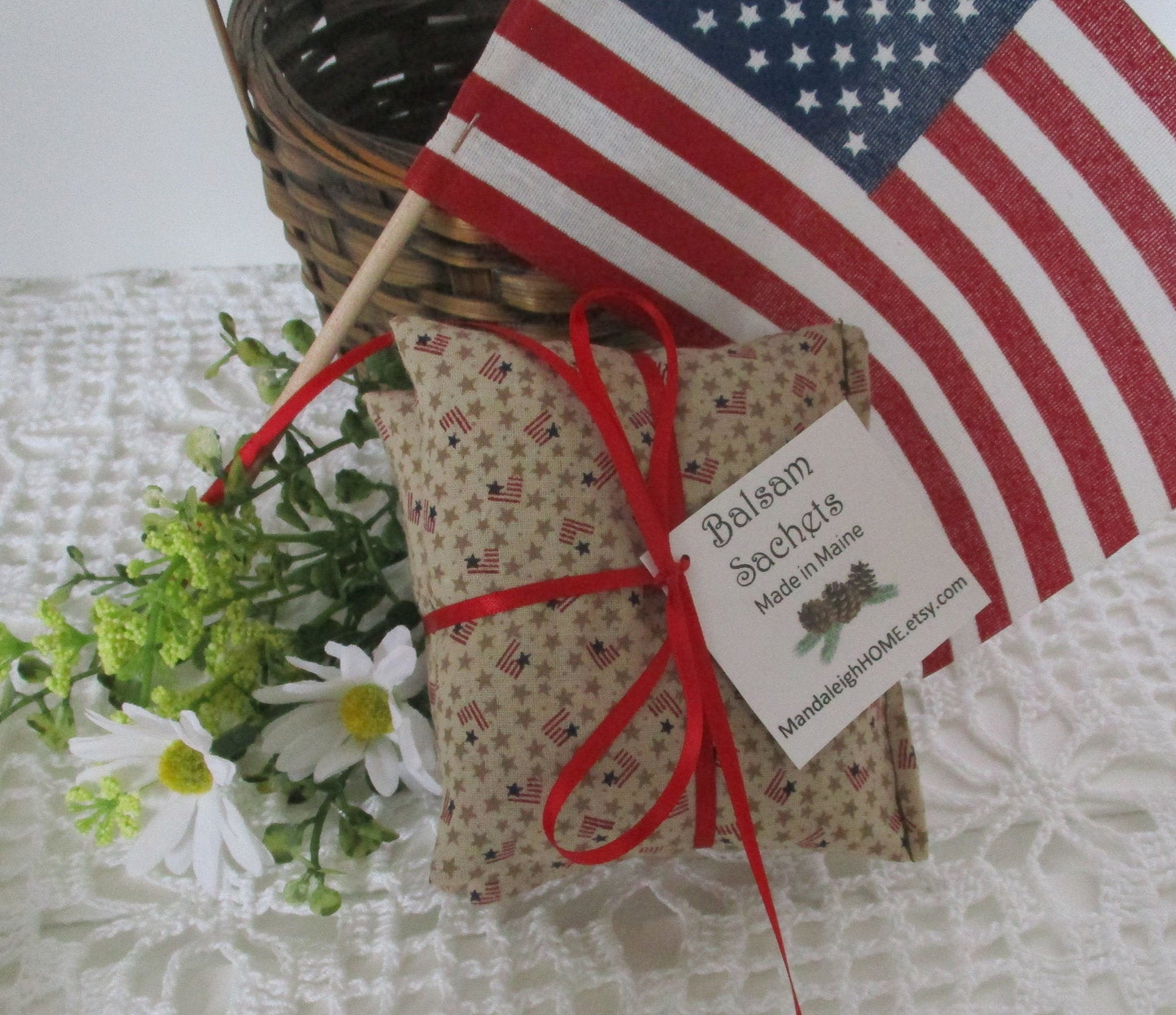 Lavender or Maine Balsam Fir Sachet set of 3 American Flag Primitive Style Ready to Ship