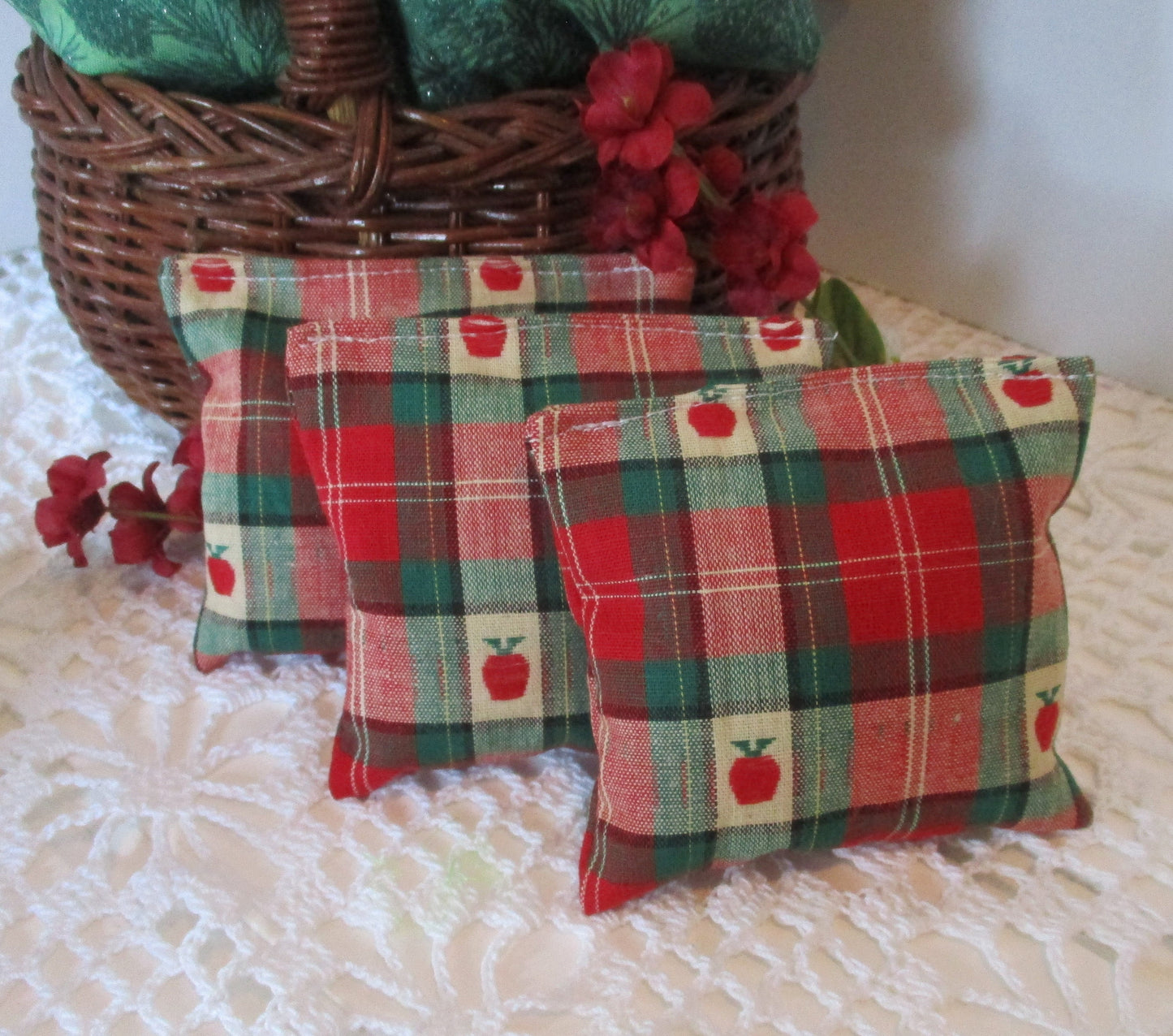 Apple on Plaid Sachet Set of 3 Pine Lavender or Cedar Scent Teacher Gift Rustic