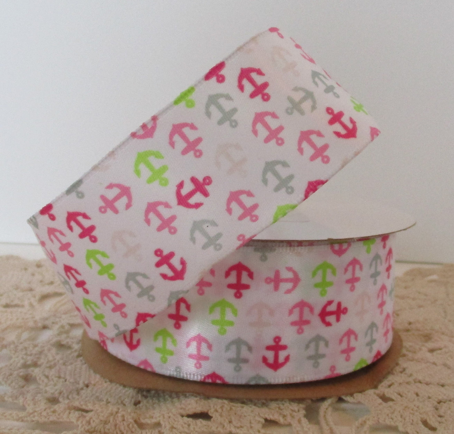 Pink Grey and Green Anchor on White Satin Wired Ribbon 1.5 " wide by the yard