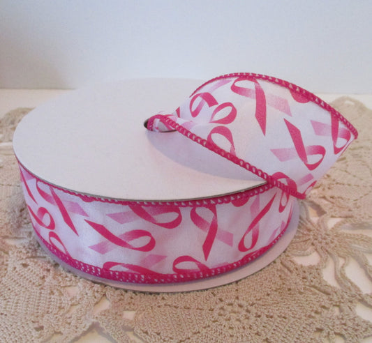 Breast Cancer Awareness Ribbon printed on White Wired Ribbon 1.5 inches by the yard