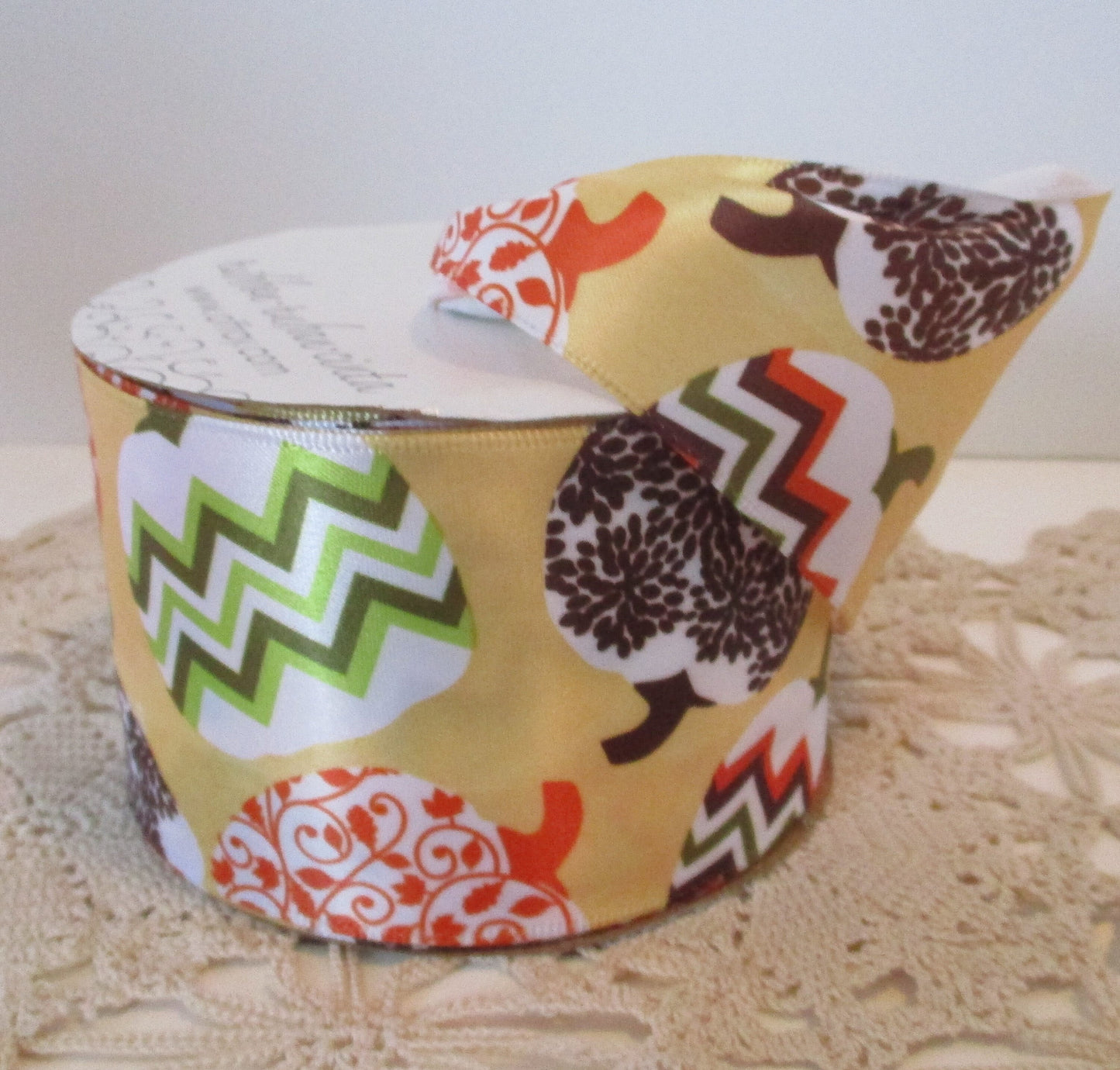 Pumpkin Fest 2.5" Wired Ribbon #40 Offray By the Yard Harvest Chevron green orange brown tan white floral