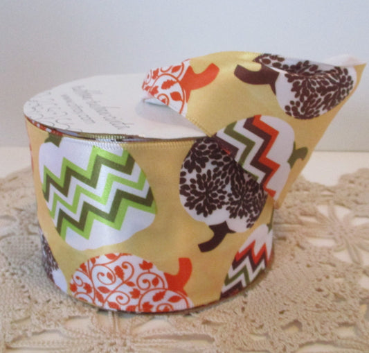 Pumpkin Fest 2.5" Wired Ribbon #40 Offray By the Yard Harvest Chevron green orange brown tan white floral