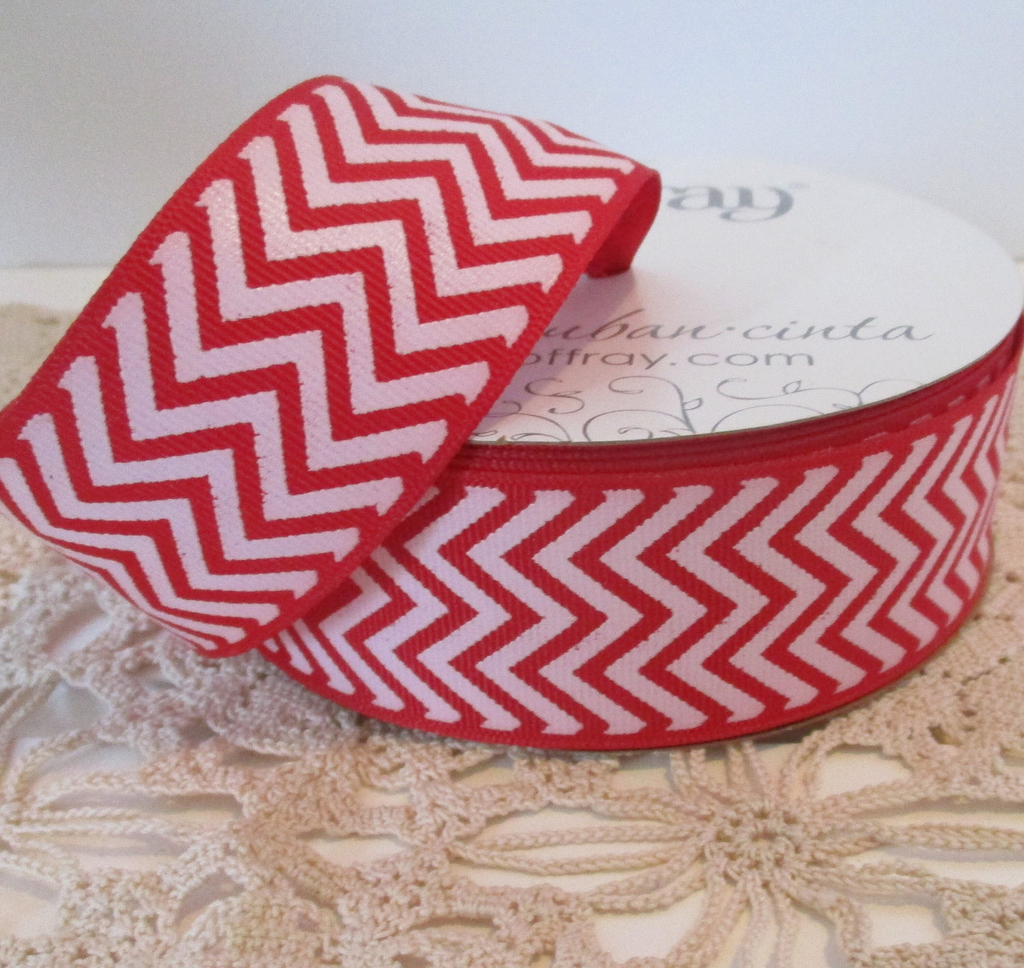 Red and White Chevron Ribbon Unwired 1.5 inches wide Candy Cane