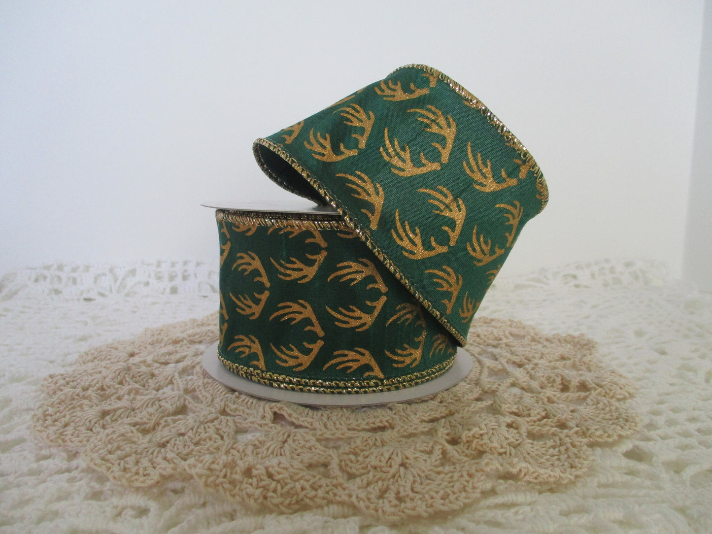 Metallic Gold Antlers on textured dark green background 2.5" Wired Ribbon #40 Offray Felix 586 Green By the Yard