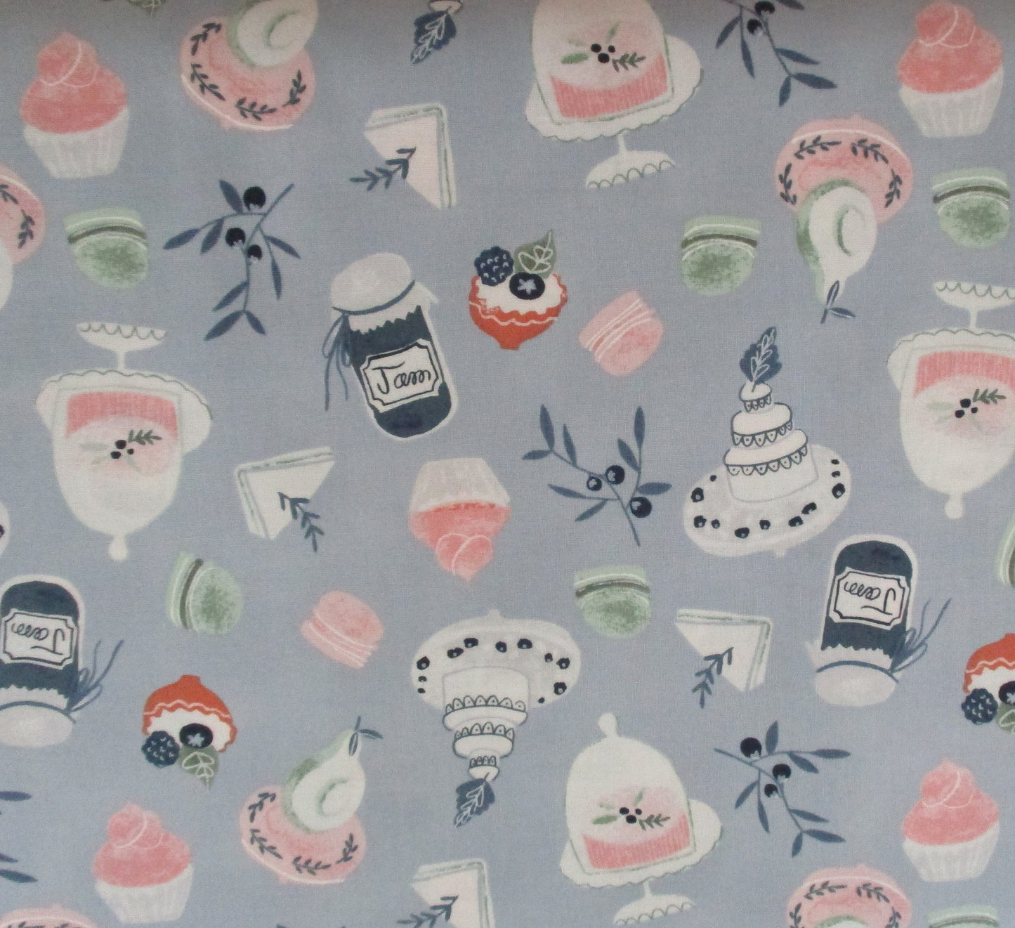 Dessert Fabric with Blue Background Fat Quarter or By the Yard 100% Cotton Timeless Treasures Macaron Cake Jam Berries Pear Wedding Cake