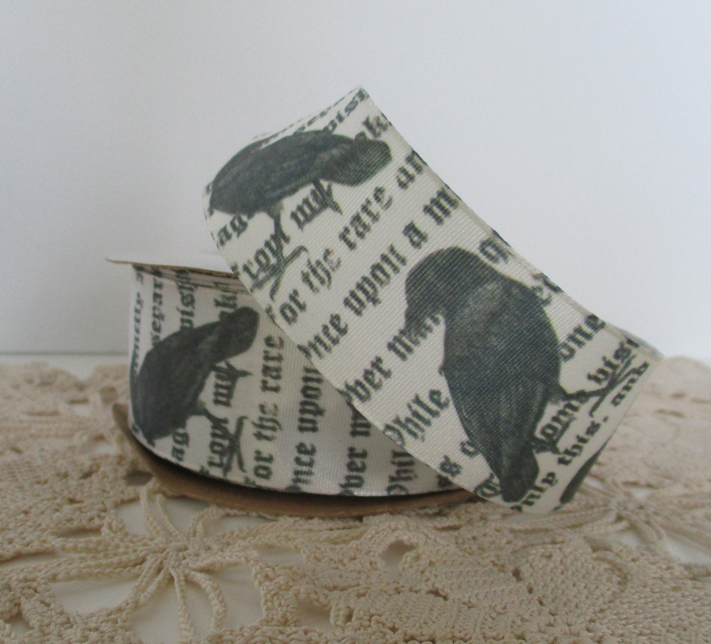 Raven Crow Lenora Wire Edge Ribbon Black on Cream 1 1/2 inches by the yard or roll Halloween Nevermore